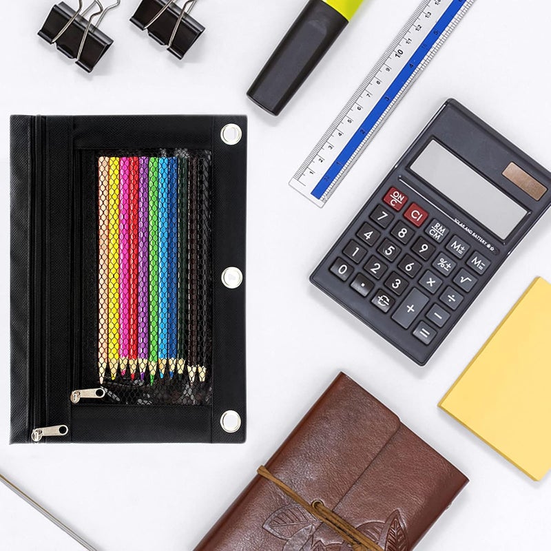 Cinvo Pencil Pouch 3 Ring Binder Pouch Zippered Pencil Case Canvas Pencil Bag with 2 Compartments (Set of 2, Black) - Image 3